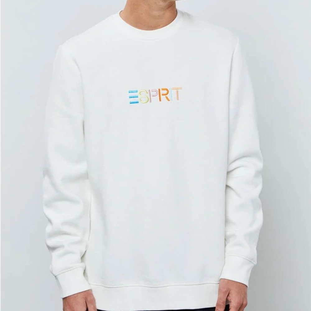 Esprit White Crewneck Sweater with Multicolor Logo